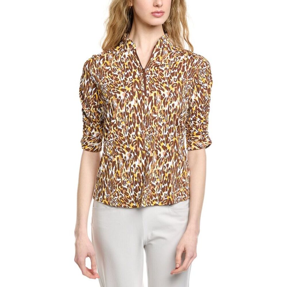 Ibkul Womens  Ruched Elbow Sleeve Mandarin Collar Top, Brown